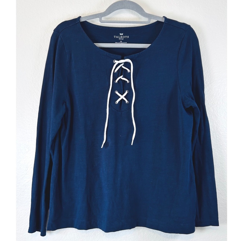 Talbots Navy Blue Boho Nautical Coastal Lace Up Front Long Sleeve Cotton Top LP